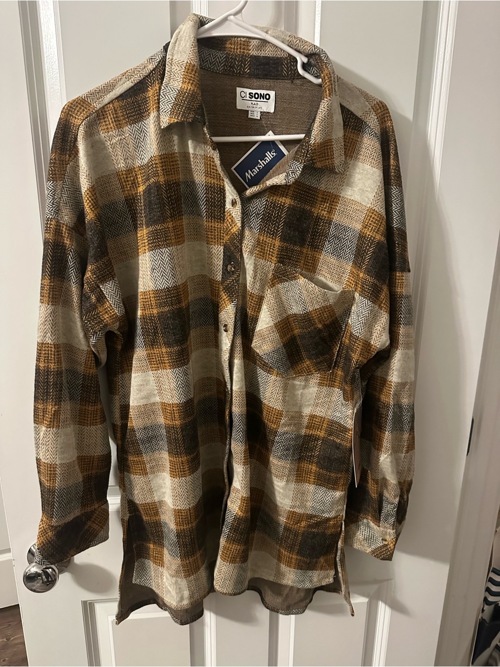 Ci Sono Plaid Button-Down Shirt in Brown and Cream